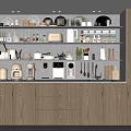 Modern Kitchen With Wooden Cabinets Open Shelves Coffee Machines Cups And Plates