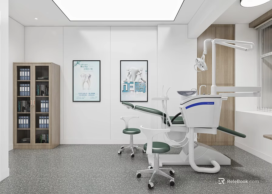 Dental Clinic Interior With Treatment Chair Green Stools Tooth Posters And File Cabinet 3d model 