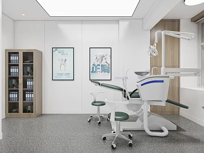 Dental Clinic Interior With Treatment Chair Green Stools Tooth Posters And File Cabinet 3d model