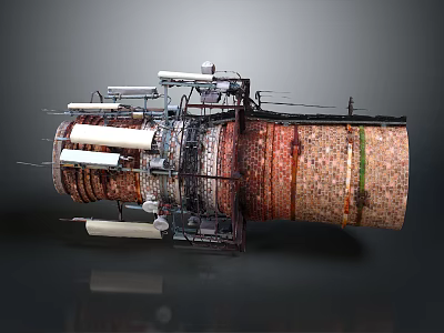 Industrial Cylindrical Equipment With Complex Metal Pipes Mechanical Components And Rusty Surface 3d model