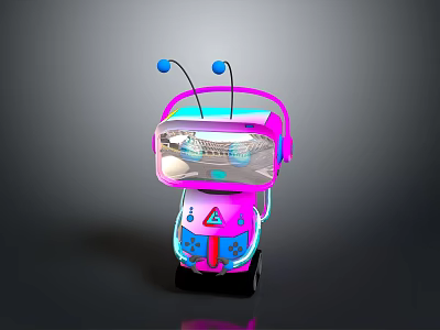 Pink And Blue Robot Insect With Transparent Visor Blue Antennae And Glowing Wheels 3d model