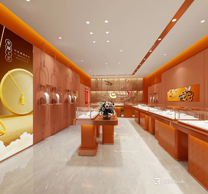 Luxurious Jewelry Store Interior With Glass Display Cases And Gold Decorative Elements 3d model 