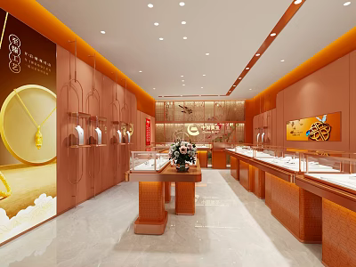 Luxurious Jewelry Store Interior With Glass Display Cases And Gold Decorative Elements 3d model
