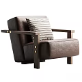 Brown Leather Armchair With Wooden Arms Metal Rivets And Striped Cushion