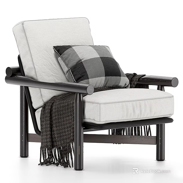 Modern Armchair With White Fabric Cushion Wooden Armrests Checkered Pillow And Fringed Throw Blanket 3d model 