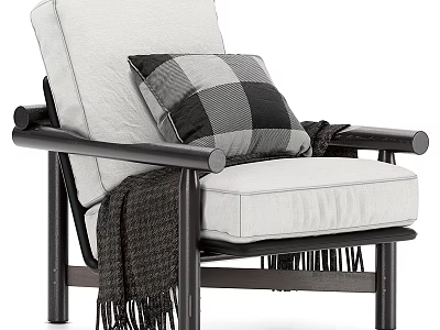 Modern Armchair With White Fabric Cushion Wooden Armrests Checkered Pillow And Fringed Throw Blanket 3d model