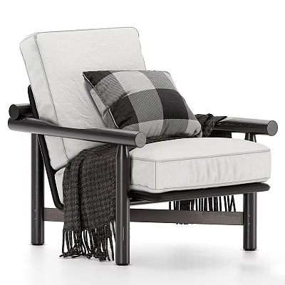 Modern Armchair With White Fabric Cushion Wooden Armrests Checkered Pillow And Fringed Throw Blanket 3d model