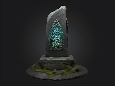 Decorative Stone Monument With Green Intricate Pattern On Stone Base With Moss 3d model