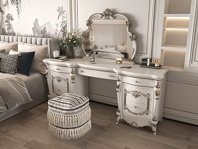 Elegant White Dressing Table With Ornate Mirror Striped Stool And Fresh Flowers 3d model