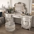 Elegant White Dressing Table With Ornate Mirror Striped Stool And Fresh Flowers