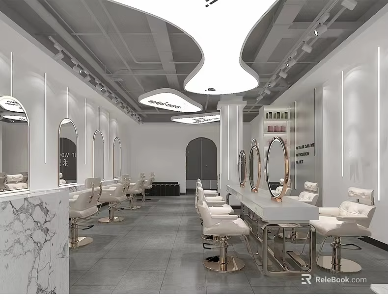 Modern Minimalist Beauty Hair Salon Interior Design With Elegant Mirrors And Comfortable Hairdressing Chairs 3d model 
