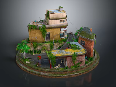 Miniature Vintage Buildings with Brick Yellow Walls Moss Covered Roofs Small Structures and Greenery 3d model
