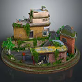 Miniature Vintage Buildings with Brick Yellow Walls Moss Covered Roofs Small Structures and Greenery