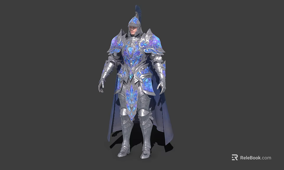 Game Movie Character In Ornate Blue Silver Armor With Shiny Details And Cloak 3d model 