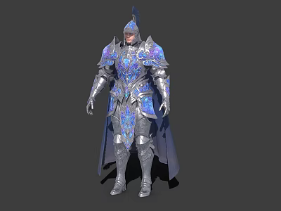 Game Movie Character In Ornate Blue Silver Armor With Shiny Details And Cloak 3d model