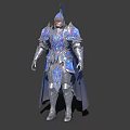 Game Movie Character In Ornate Blue Silver Armor With Shiny Details And Cloak