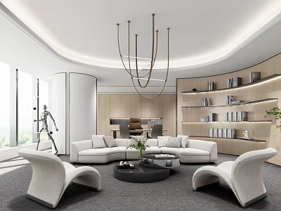 Modern Office Interior Design With White Sofas Accent Chairs Chandelier Bookshelves And Green Plant 3d model