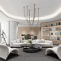 Modern Office Interior Design With White Sofas Accent Chairs Chandelier Bookshelves And Green Plant