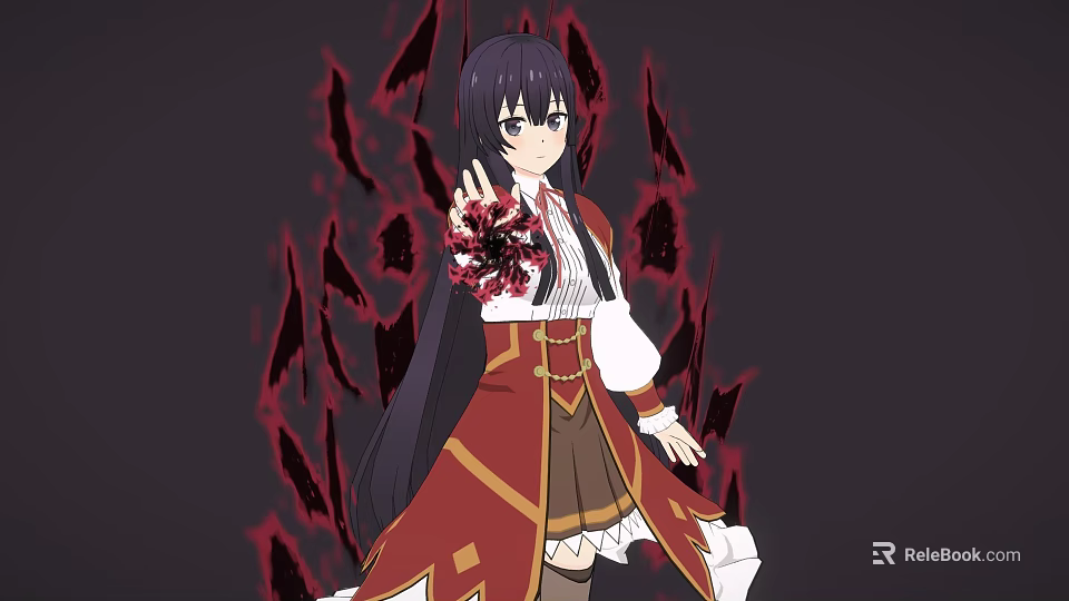 Young Woman With Purple Long Hair In Red Outfit Surrounded By Red Flames Holding Flower 3d model 