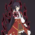 Young Woman With Purple Long Hair In Red Outfit Surrounded By Red Flames Holding Flower