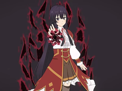 Young Woman With Purple Long Hair In Red Outfit Surrounded By Red Flames Holding Flower 3d model