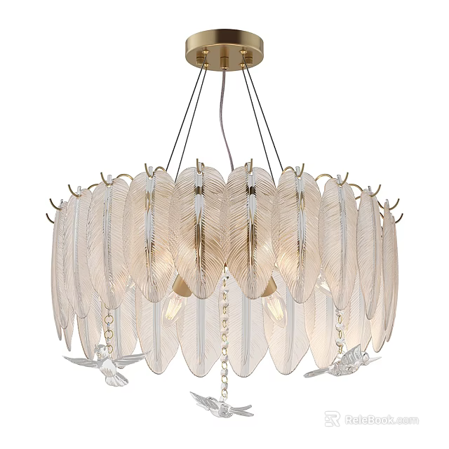 Modern Elegant Feather Chandelier With Golden Frame And Hanging Crystal Accents 3d model 