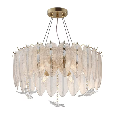 Modern Elegant Feather Chandelier With Golden Frame And Hanging Crystal Accents 3d model