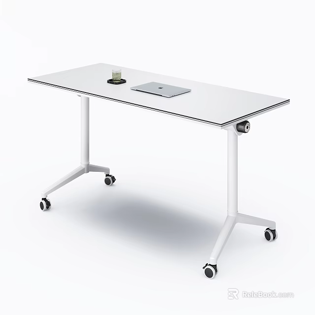 White Wheeled Conference Table With Green Cup And Tablet On Top 3d model 