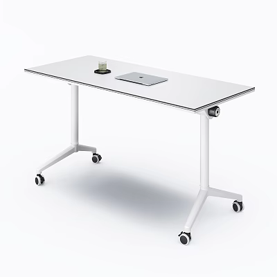 White Wheeled Conference Table With Green Cup And Tablet On Top 3d model