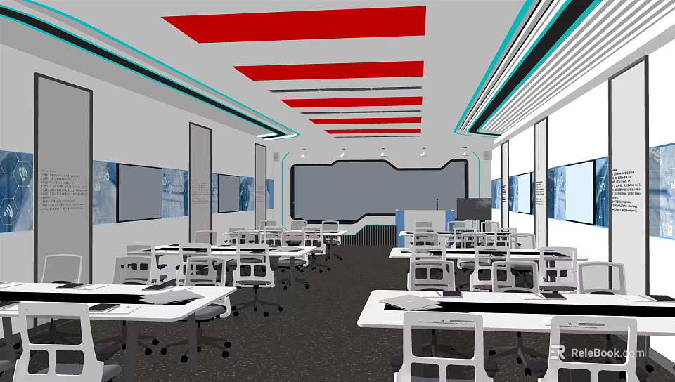 Modern School Classroom With Large Screen Open Layout Desks Chairs And Red Ceiling 3d model 