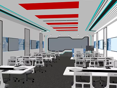 Modern School Classroom With Large Screen Open Layout Desks Chairs And Red Ceiling 3d model