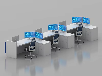 Bank Office Workstation Setup With Multiple Monitors Modern Desks And Ergonomic Chairs 3d model