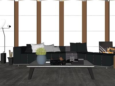 Modern Black Sofa With Cushions And Coffee Table Set Featuring Green Plant And Wooden Columns 3d model