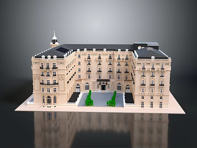 European Style Building Model Featuring Symmetrical Spire Tower Green Lawn Light Body and Dark Roof 3d model