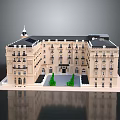 European Style Building Model Featuring Symmetrical Spire Tower Green Lawn Light Body and Dark Roof