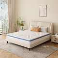 Comfortable Beige Mattress With Blue Edge And Padded Headboard Pillows Nightstand Plant And Window Curtains