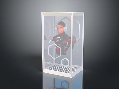 Game Movie Character In Transparent Cube Case With Red Black Outfit And Hexagon Patterns 3d model