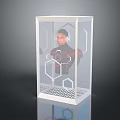 Game Movie Character In Transparent Cube Case With Red Black Outfit And Hexagon Patterns