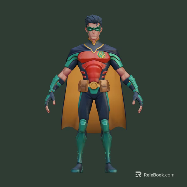 Superhero Game Character With Red Blue Costume Green Gloves And Yellow Cape 3d model 