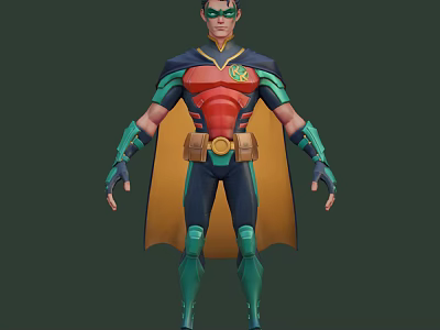 Superhero Game Character With Red Blue Costume Green Gloves And Yellow Cape 3d model