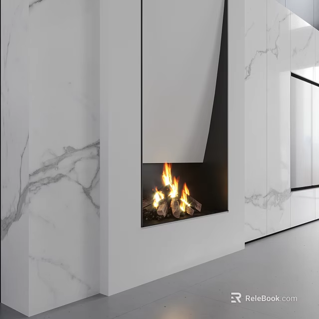 Modern Built in Fireplace With Burning Flame And Marble Wall Design 3d model