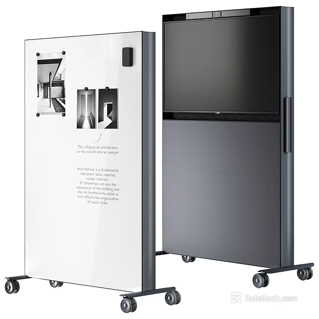Display Board With Illustrations And Text Descriptions Next To Cabinet With Wheels 3d model 