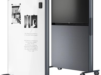 Display Board With Illustrations And Text Descriptions Next To Cabinet With Wheels 3d model