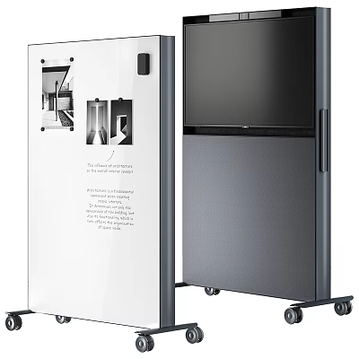 Display Board With Illustrations And Text Descriptions Next To Cabinet With Wheels 3d model