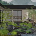 Zen Style Home Balcony with Lush Green Plants Stones Bamboo Water Feature Lantern Mountain View