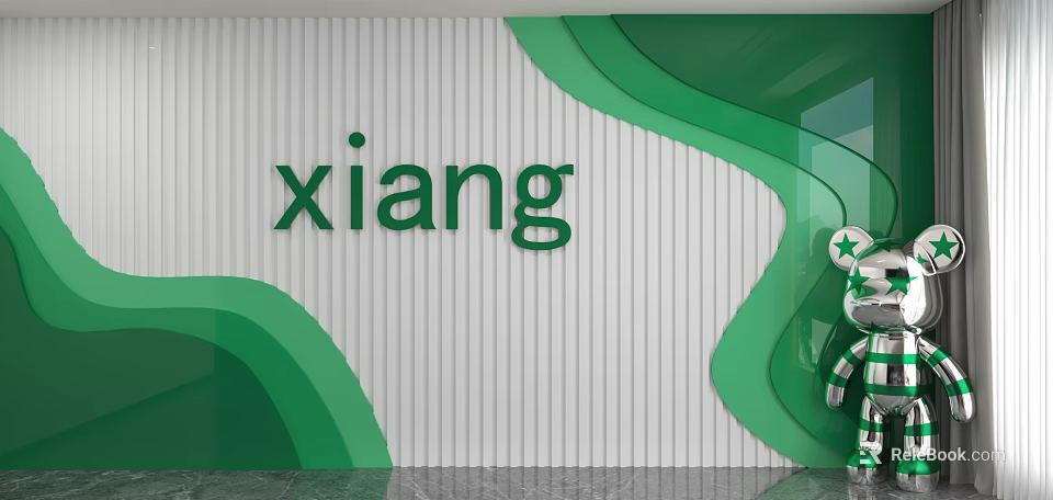 Modern Background Wall Design with White Vertical Stripes Green Wave Decorations and 3D Xiang Word 3d model 
