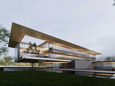 Modern Sales Office Building With Glass Facade Cantilevered Roof And Landscaped Lawn 3d model
