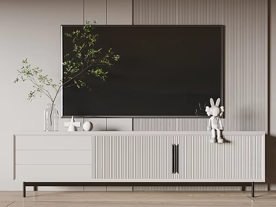 Modern TV Stand with Striped Design Black TV Screen Green Plant Vase and Rabbit Figurine 3d model