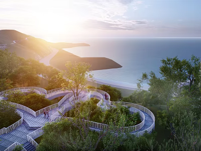 Scenic Coastal Winding Walkway With Sea View Sunset Green Vegetation And Walkers 3d model