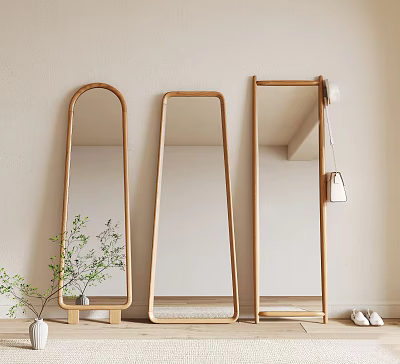 Wooden Frame Mirrors in Different Shapes Leaning Against Wall With Green Plant And Shoes 3d model